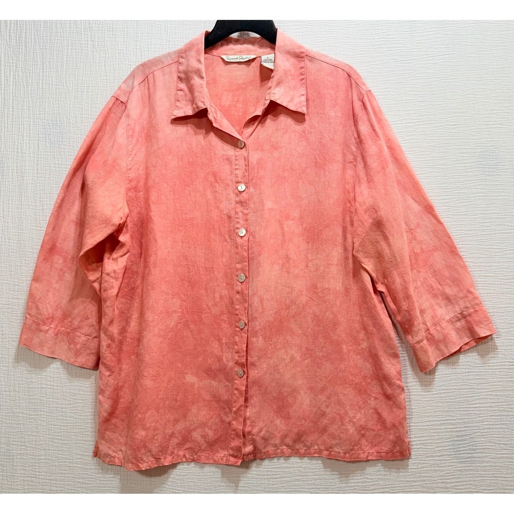 French Laundry Women's Linen Blend Tie Dye Button‎ Front Blouse Coral Size L